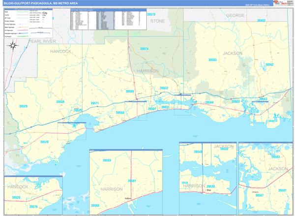 Gulfport-Biloxi-Pascagoula Metro Area Wall Map Basic Style